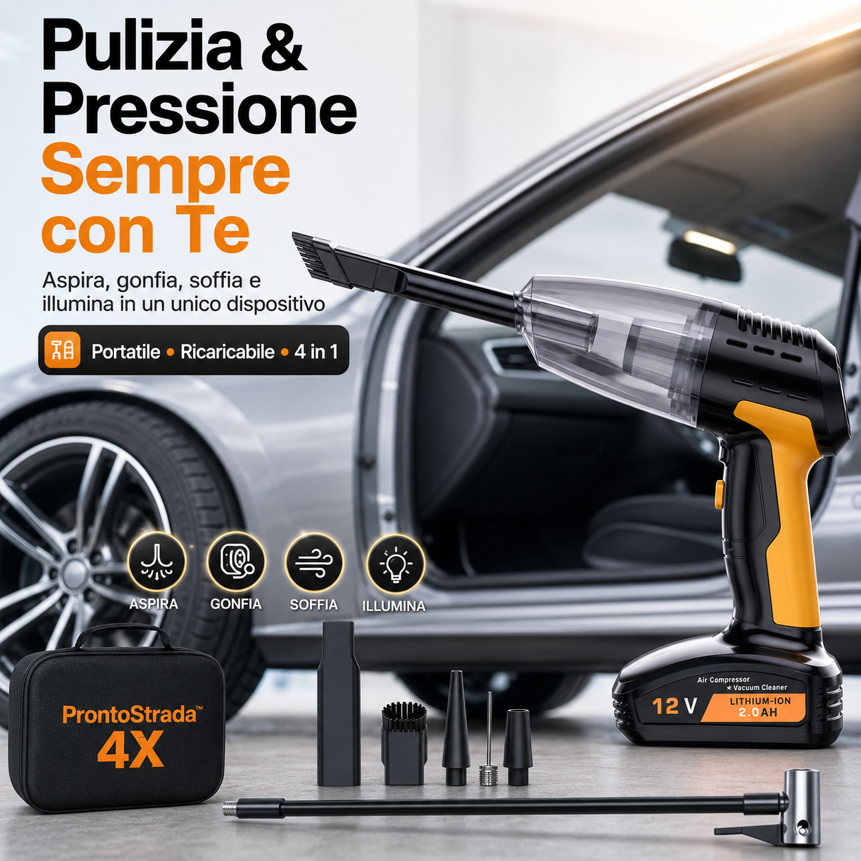 ProntoStrada™ 4X Aspirapolvere auto, gonfiatore pneumatici, soffiatore e luce di emergenza in un unico dispositivo portatile