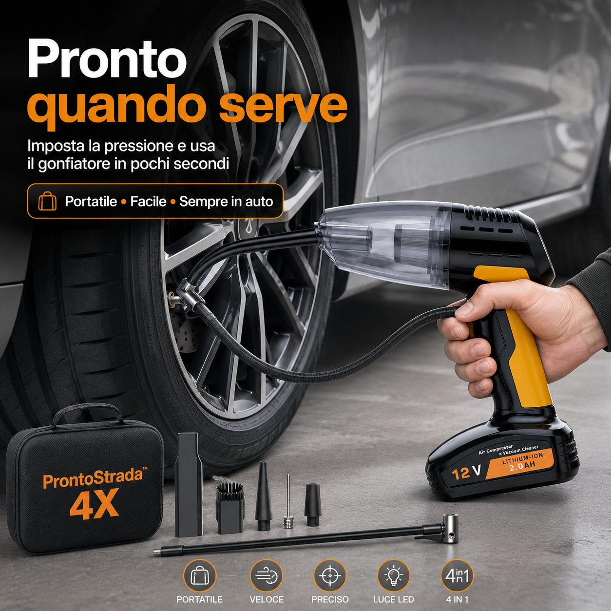 ProntoStrada™ 4X Aspirapolvere auto, gonfiatore pneumatici, soffiatore e luce di emergenza in un unico dispositivo portatile