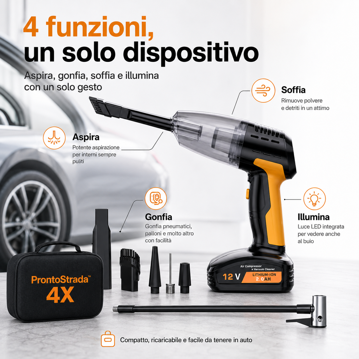 ProntoStrada™ 4X Aspirapolvere auto, gonfiatore pneumatici, soffiatore e luce di emergenza in un unico dispositivo portatile