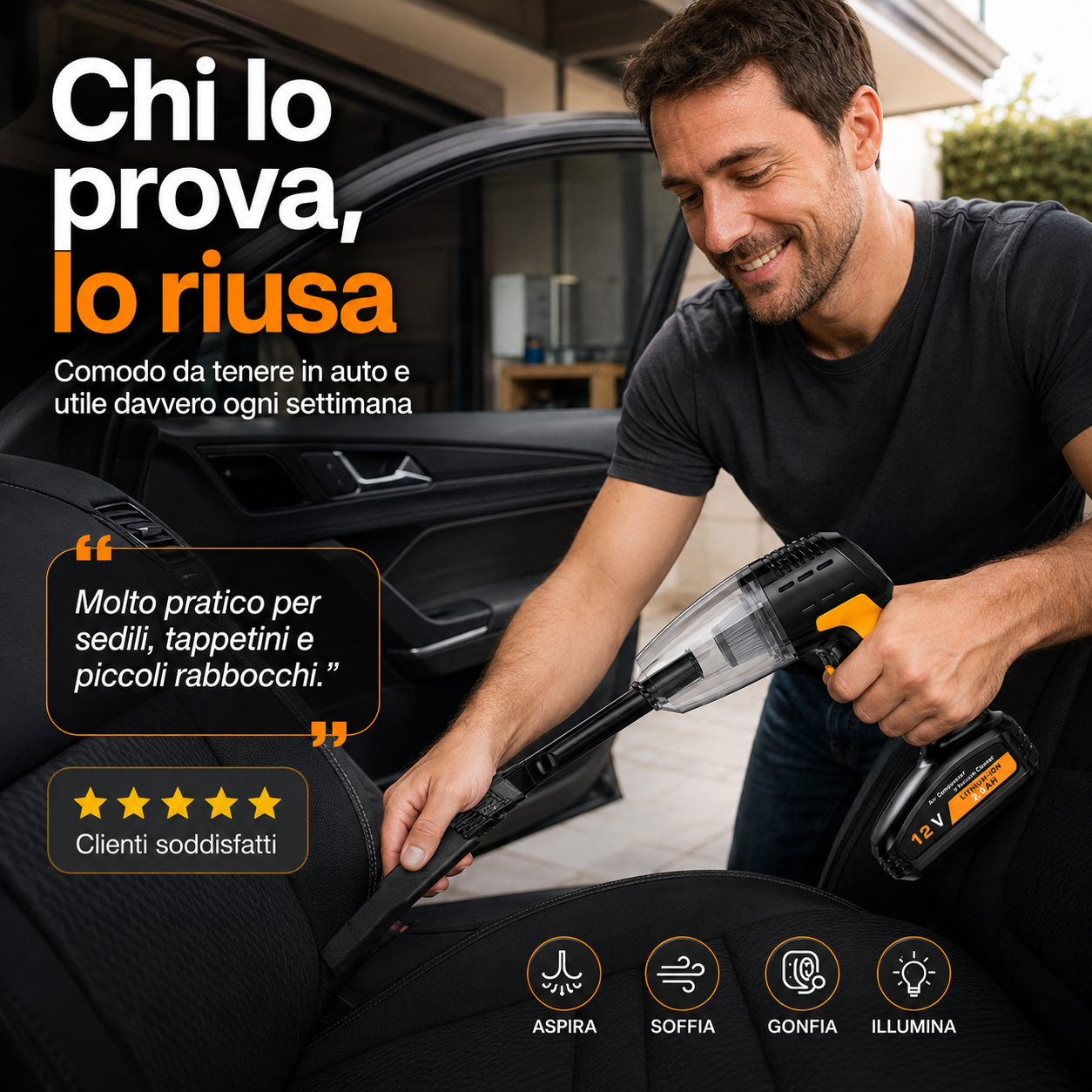 ProntoStrada™ 4X Aspirapolvere auto, gonfiatore pneumatici, soffiatore e luce di emergenza in un unico dispositivo portatile