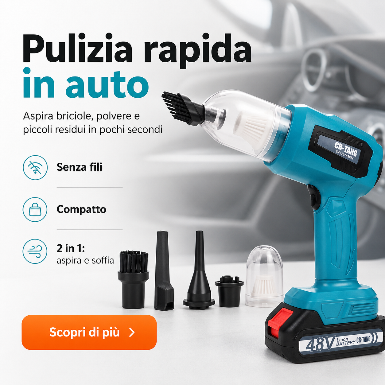 AutoPronto™ AirForce Aspirapolvere e soffiatore portatile 2 in 1 per la pulizia rapida dell’auto